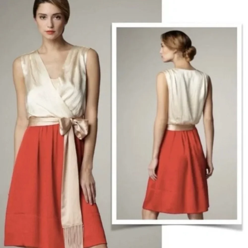 Tory Burch Darya Cream and‎ Red Silk Colorblock Wrap Dress 52111401 Size 0